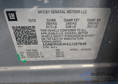 2018 Chevrolet Traverse 1Lt z USA, uszkodzony, nr VIN 1GNERGKW4JJ197649